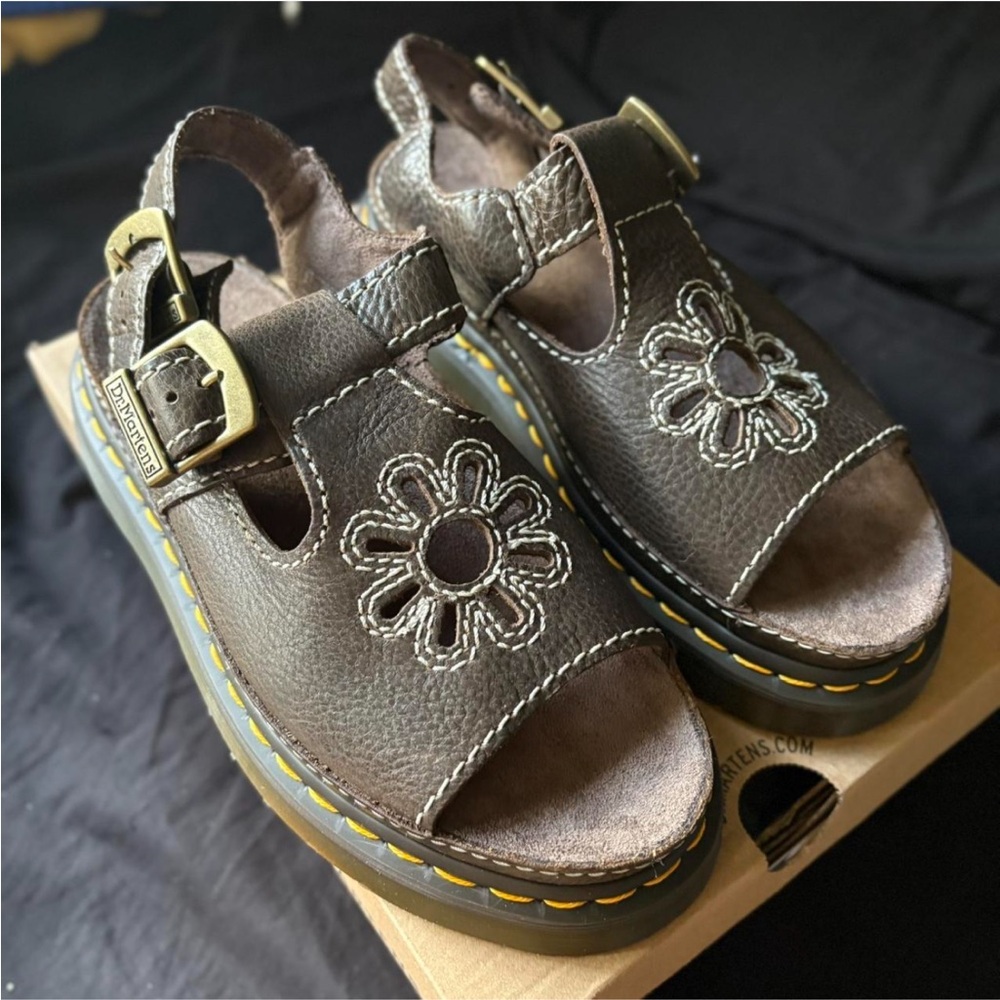 Dr. Martens Brown Dunnet Sandals with Floral Embroidery